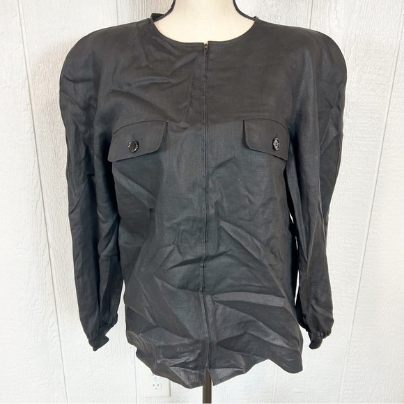Valentino Miss V Black Linen Zip Up Jacket with Shoulder Pads Size 46 - Picture 1 of 8